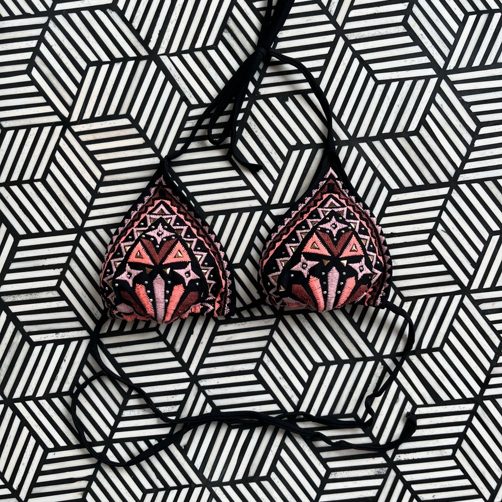 Pink and Black Geometric Bikini Top